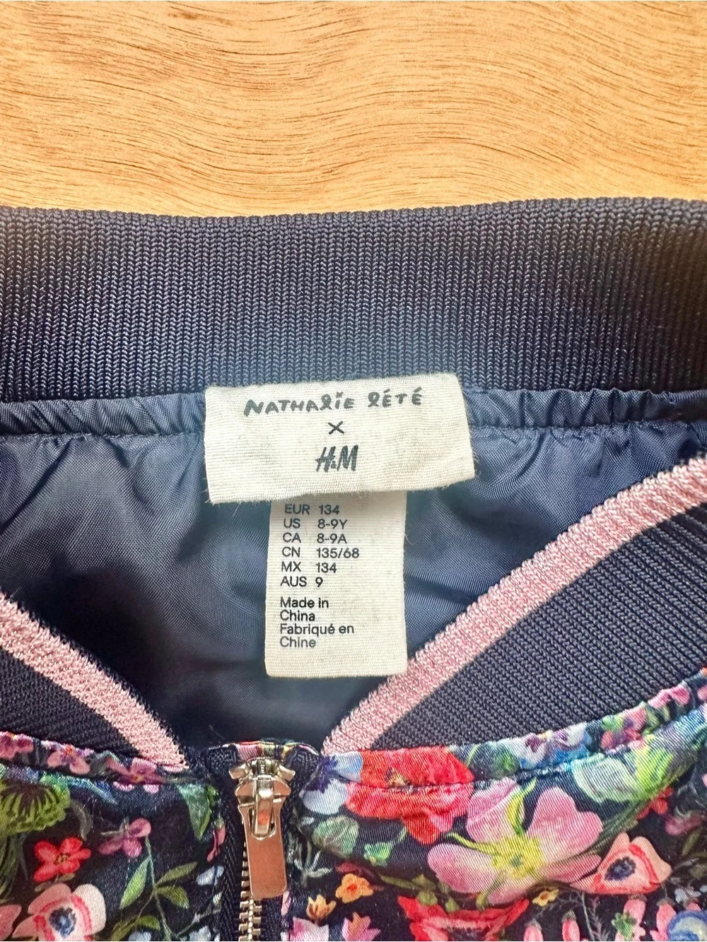 Natalie Lété x H&M Floral Satin Bomber Jacket Girls 8-9Y Navy Zip Pockets